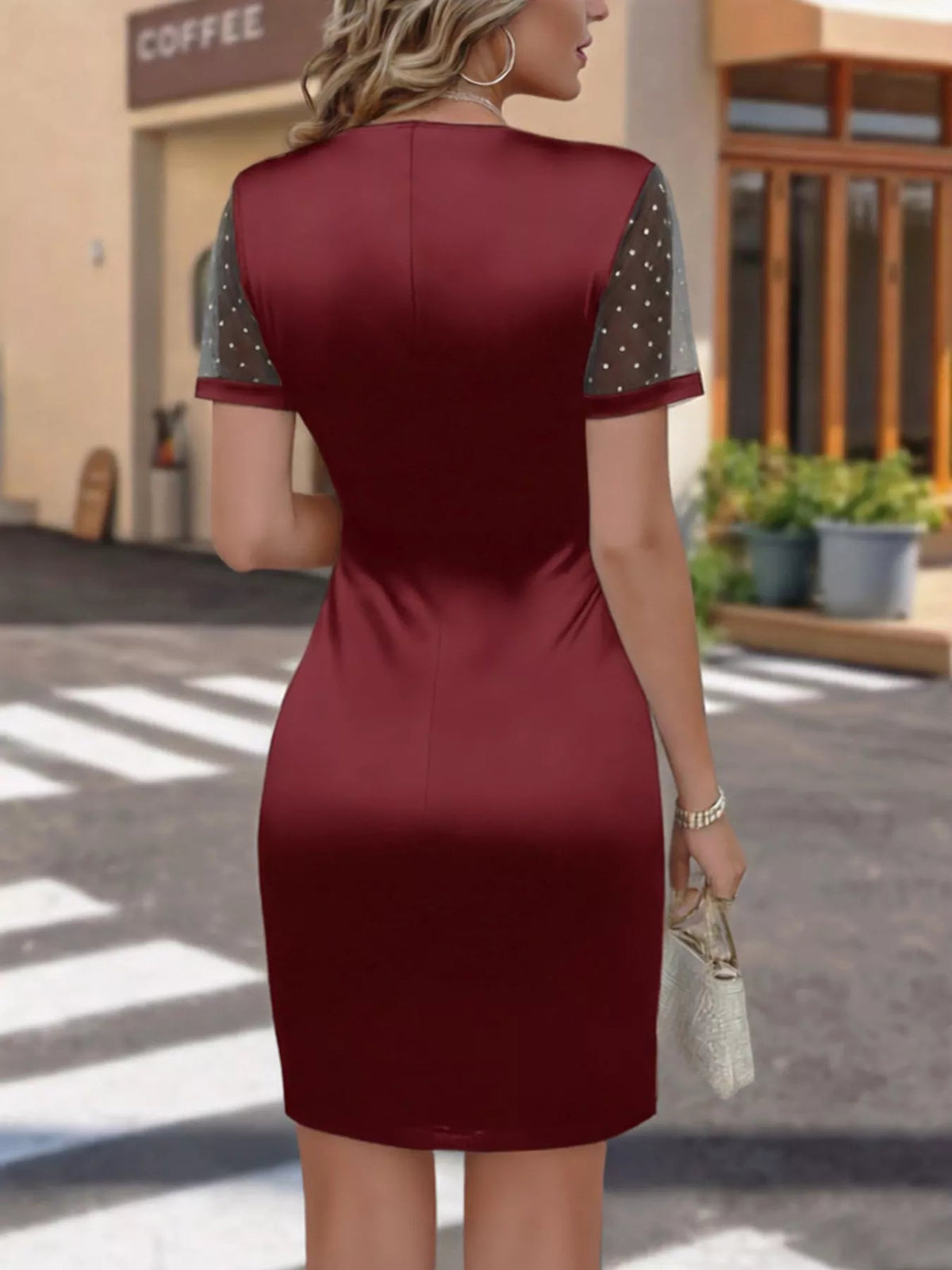 Full Size Ruched Satin Wrap Dress with Sheer Mesh Sleeves Plus Size - Flip Flop Dynasty