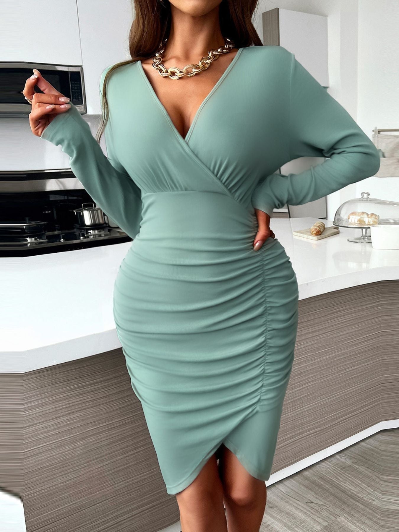 Full Size Ruched Surplice Bodycon Dress Plus Size - Flip Flop Dynasty