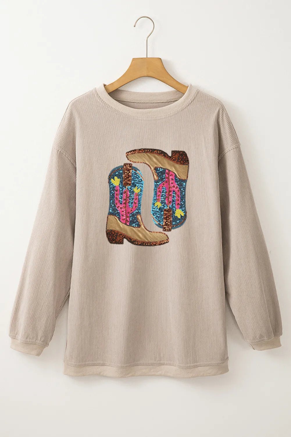 Full Size Sequin Boots Round Neck Long Sleeve Sweatshirt - Flip Flop Dynasty
