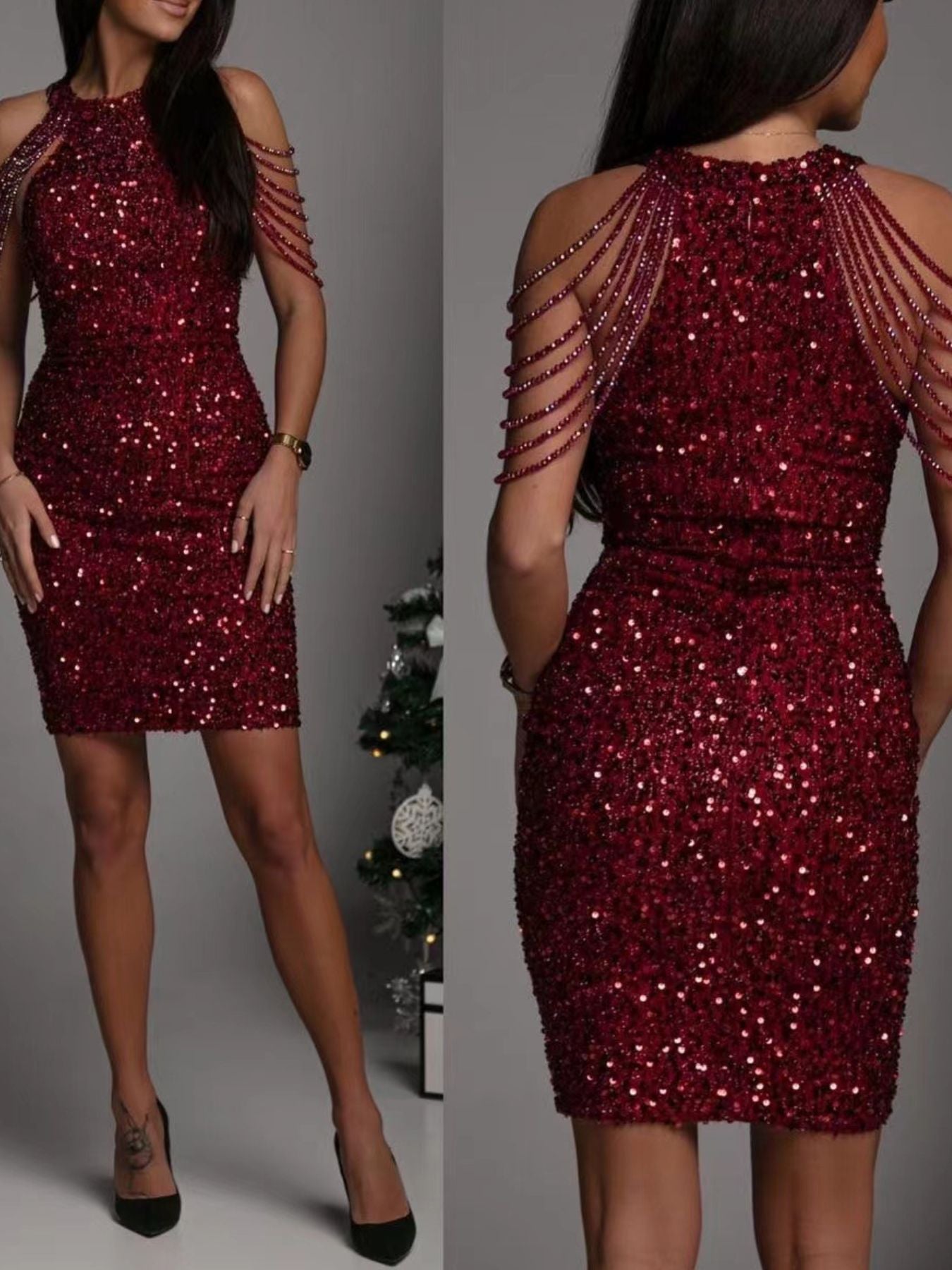Full Size Sequin Embellished Bodycon Mini Dress Plus Size - Flip Flop Dynasty