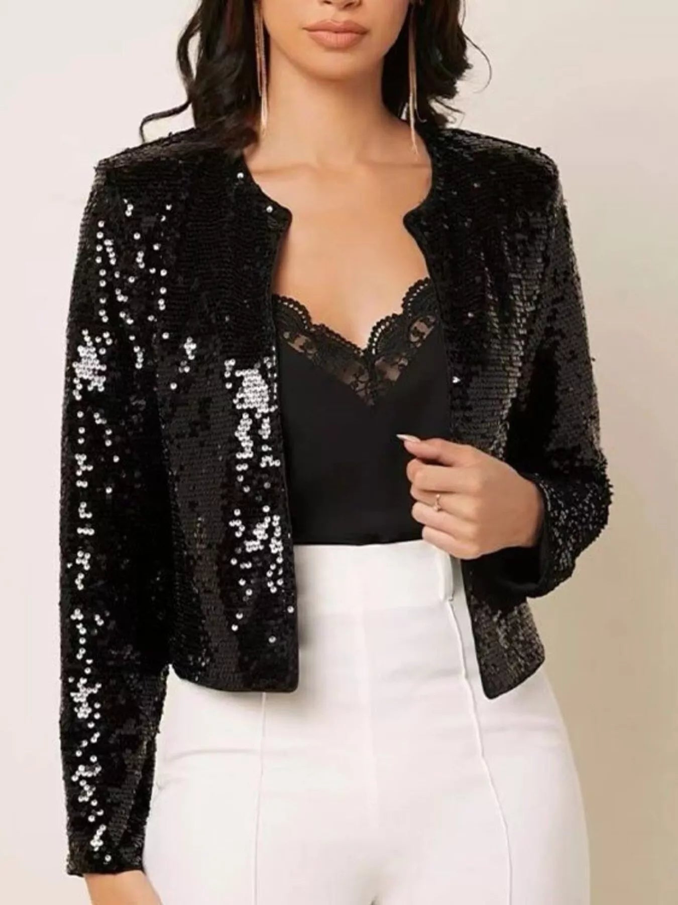 Full Size Sequin Long Sleeve Jacket Plus Size - Flip Flop Dynasty