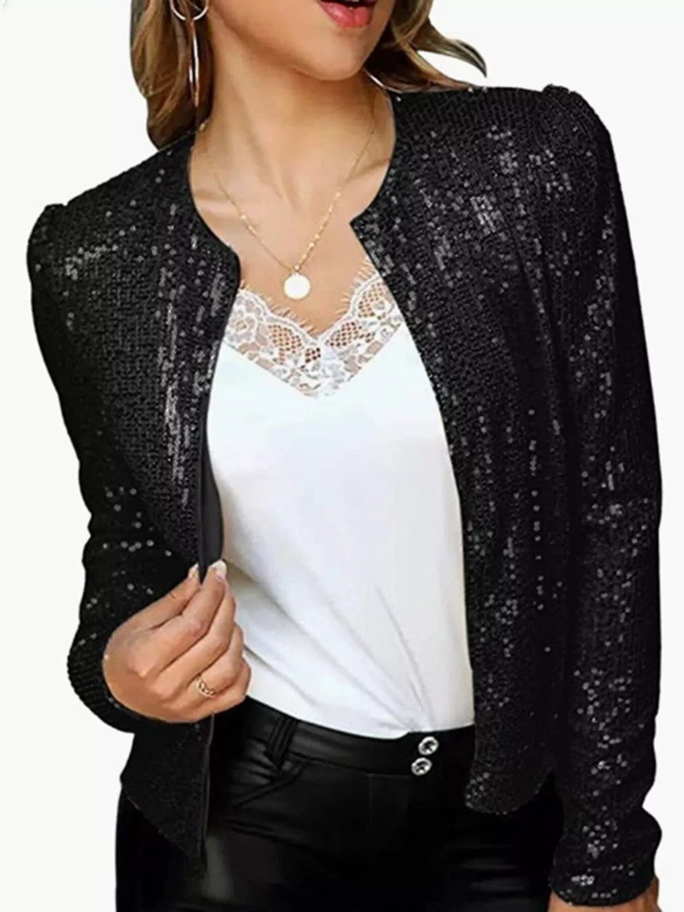 Full Size Sequin Long Sleeve Jacket Plus Size - Flip Flop Dynasty