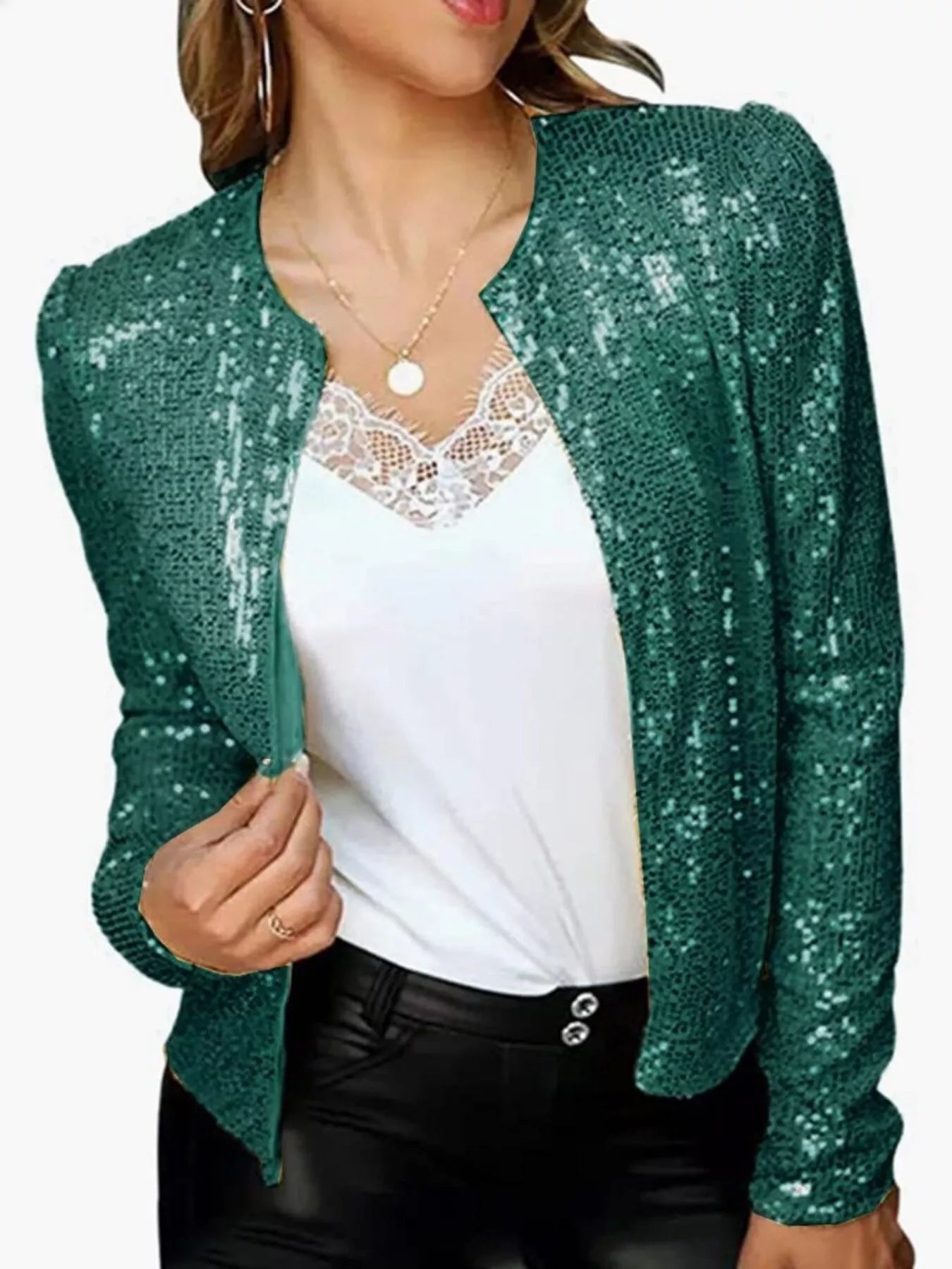 Full Size Sequin Long Sleeve Jacket Plus Size - Flip Flop Dynasty