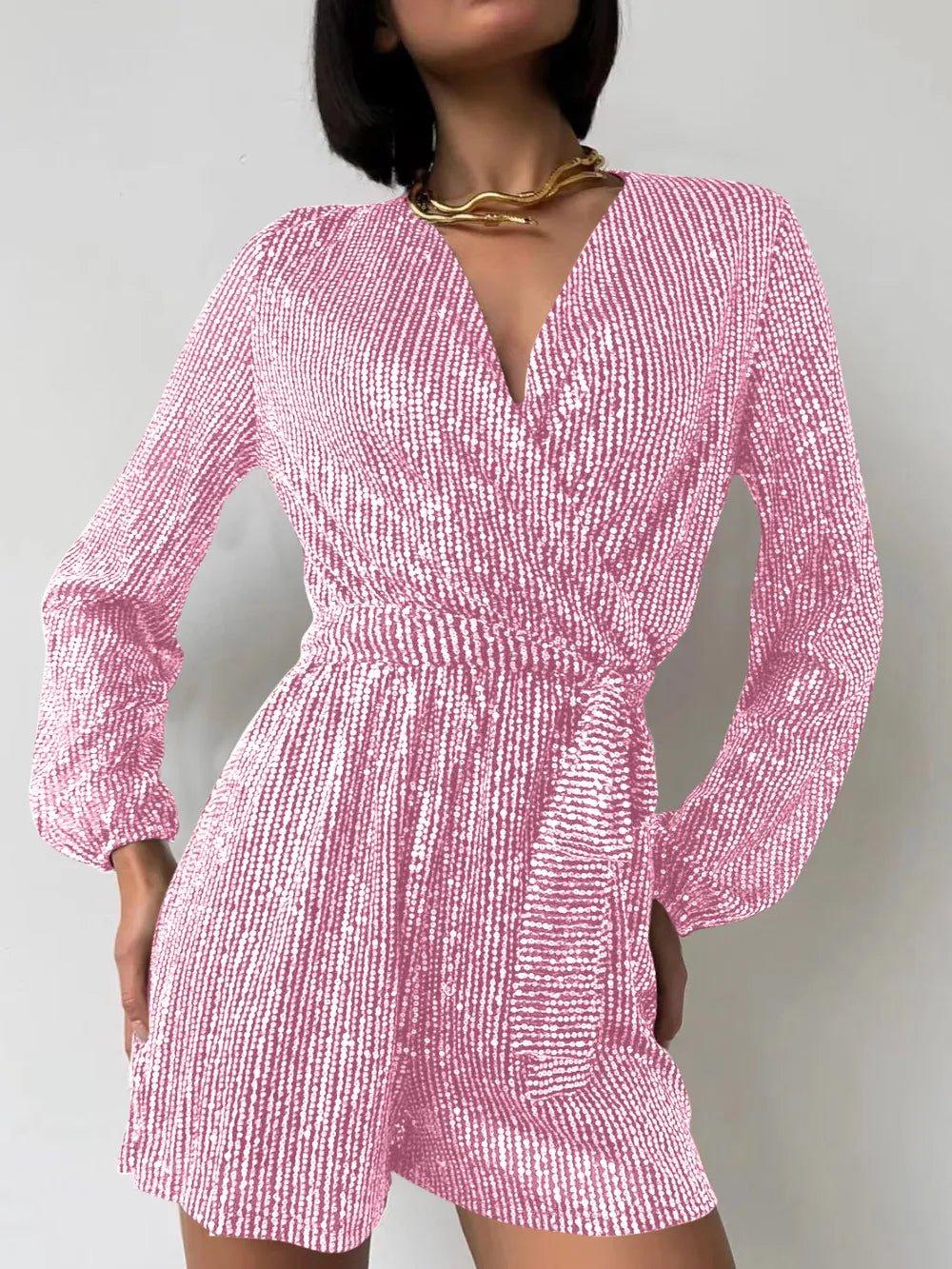 Full Size Sequin Surplice Tie Waist Long Sleeve Romper - Flip Flop Dynasty