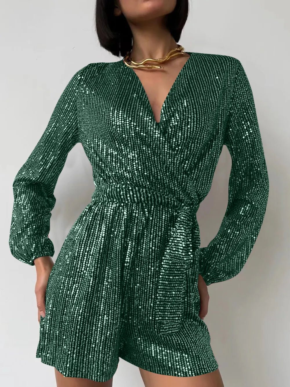 Full Size Sequin Surplice Tie Waist Long Sleeve Romper - Flip Flop Dynasty