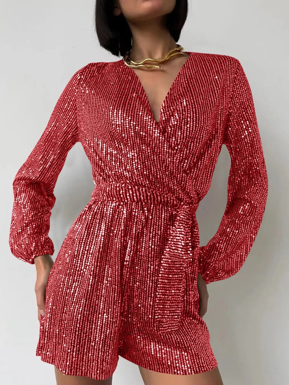 Full Size Sequin Surplice Tie Waist Long Sleeve Romper - Flip Flop Dynasty