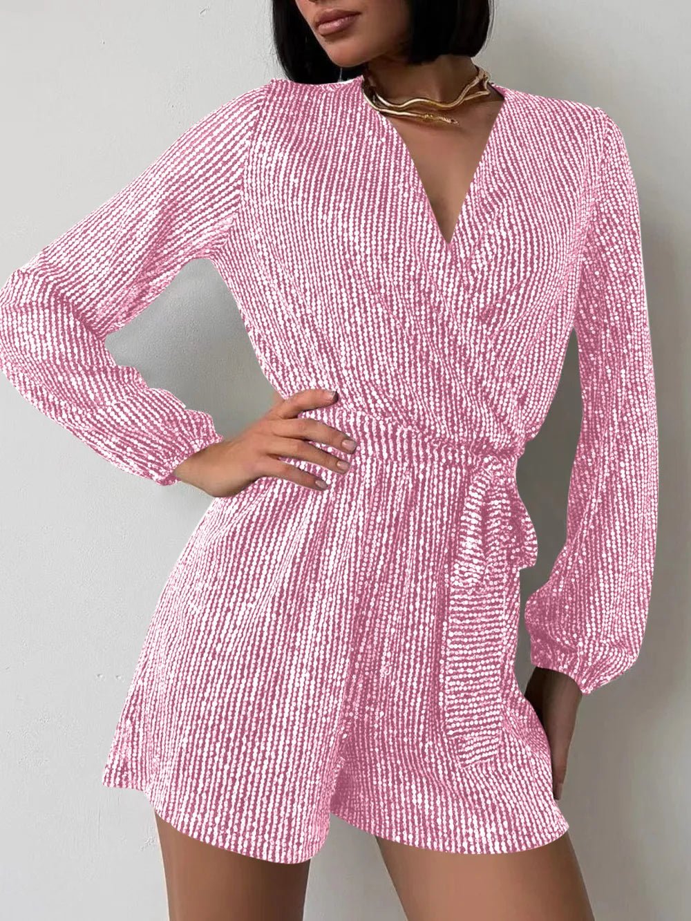 Full Size Sequin Surplice Tie Waist Long Sleeve Romper - Flip Flop Dynasty