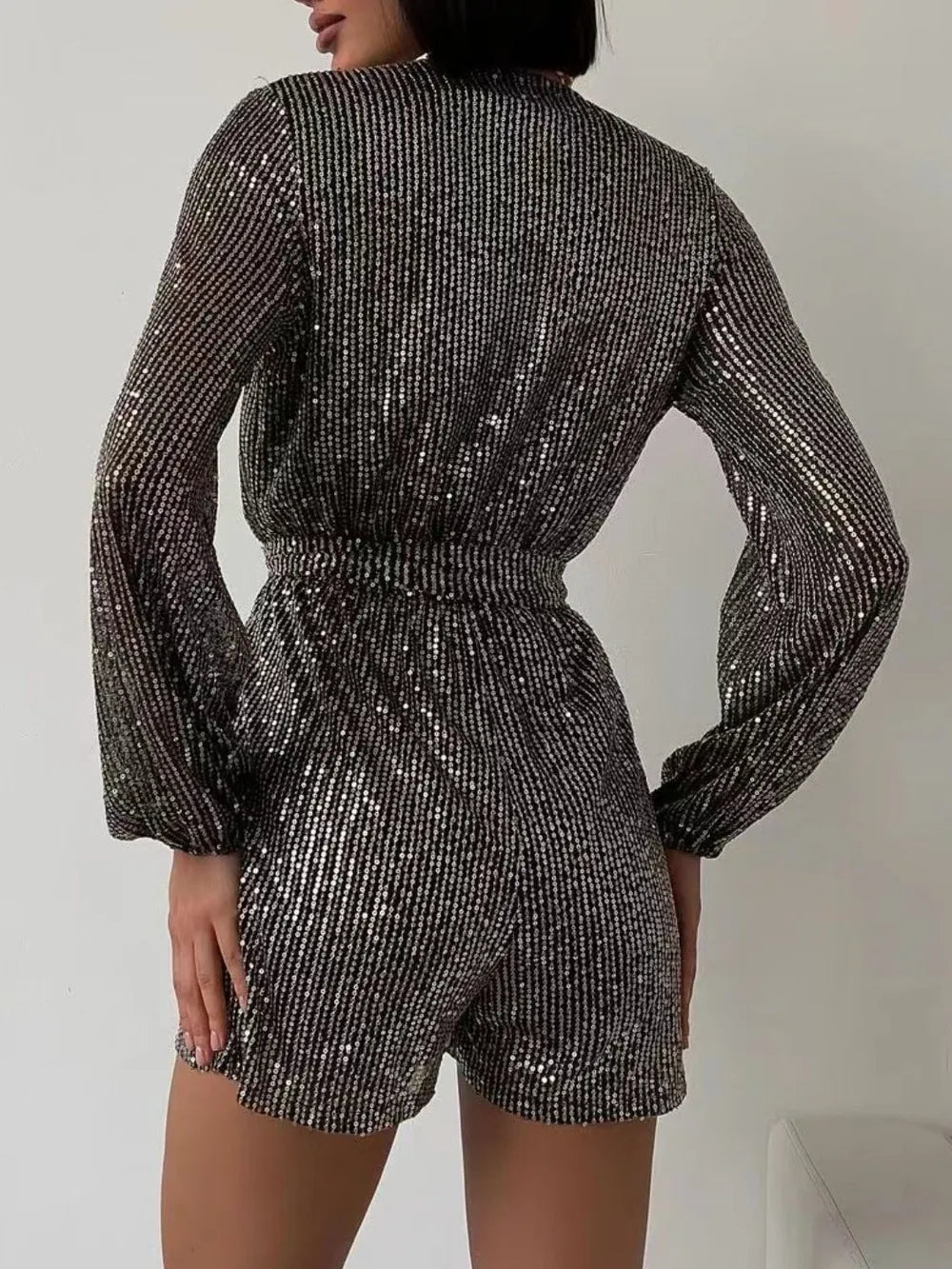 Full Size Sequin Surplice Tie Waist Long Sleeve Romper - Flip Flop Dynasty
