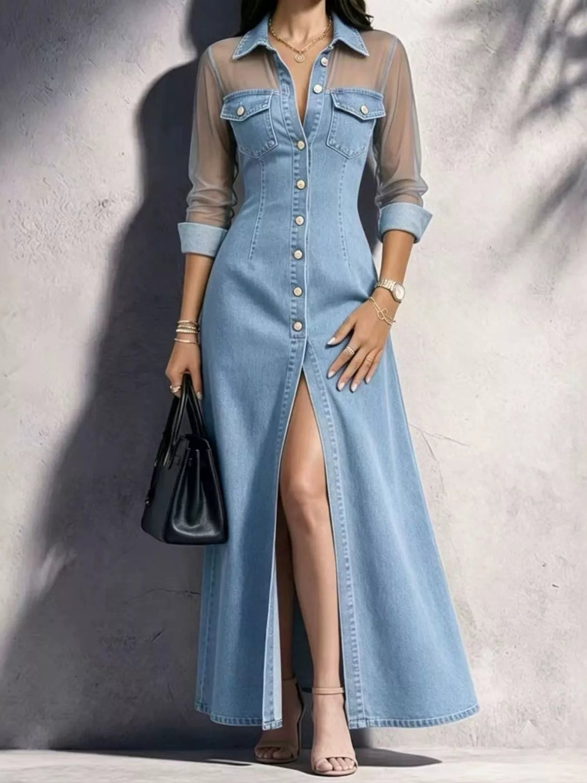 Full Size Sheer Mesh Panel Button-Down Denim Maxi Dress Plus Size - Flip Flop Dynasty