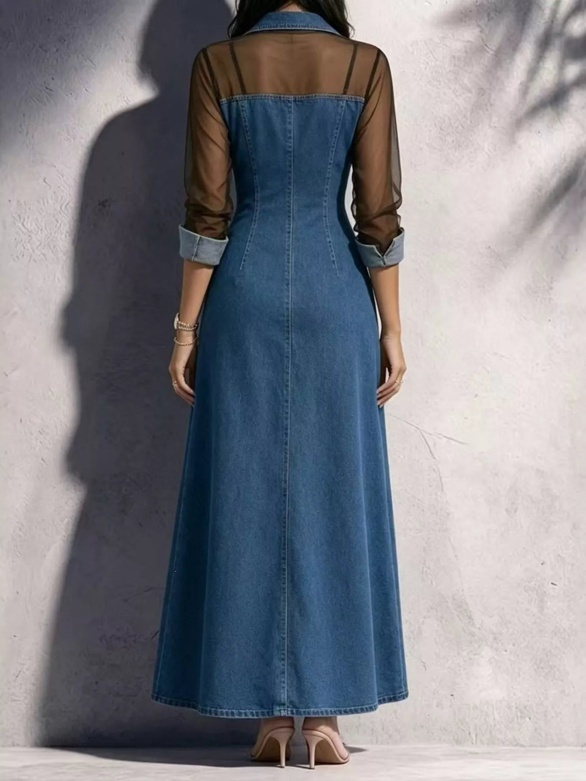 Full Size Sheer Mesh Panel Button-Down Denim Maxi Dress Plus Size - Flip Flop Dynasty