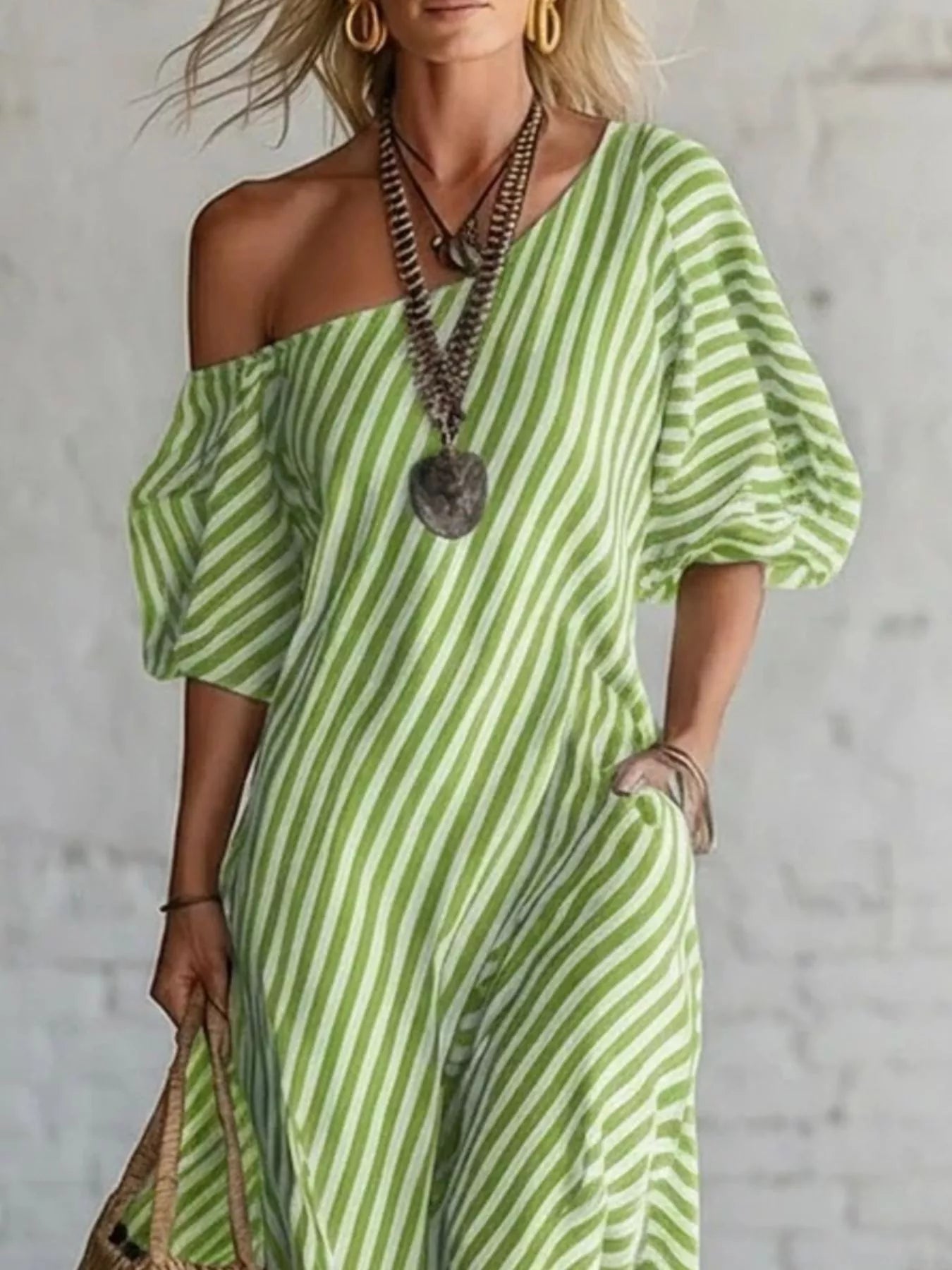 Full Size Striped One - Shoulder Casual Maxi Dress Plus Size - Flip Flop Dynasty