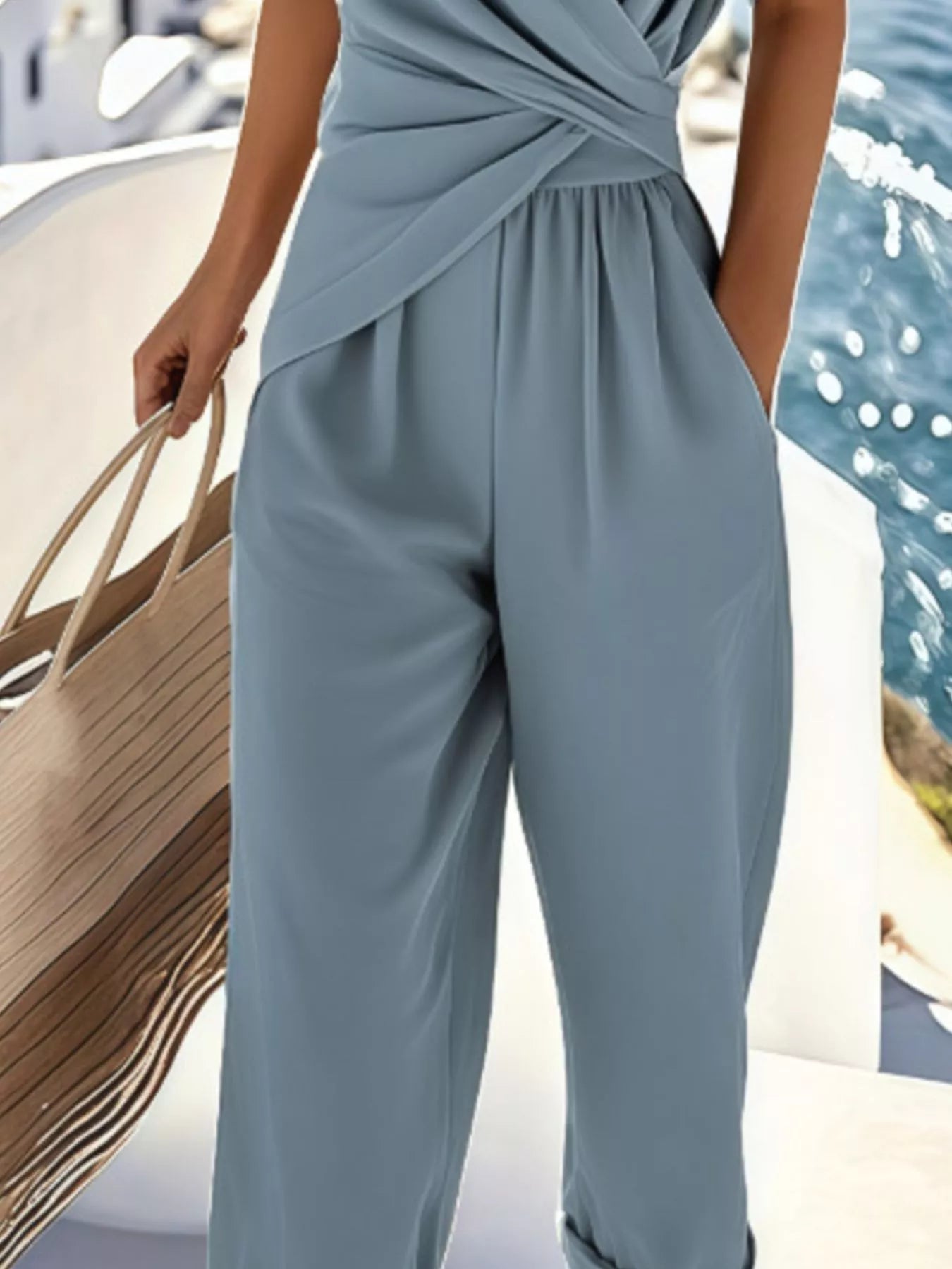 Full Size Surplice Short Sleeve Top and Pants Set Plus Size - Flip Flop Dynasty