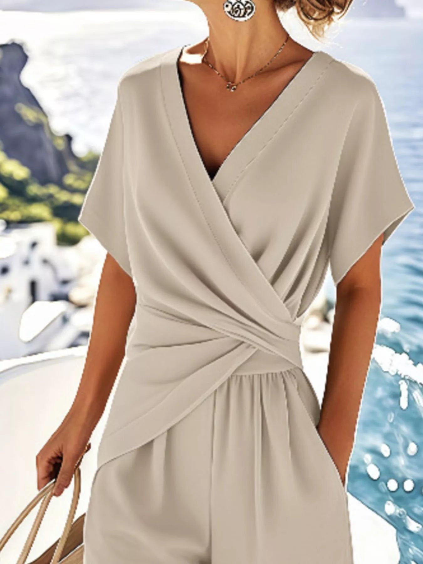 Full Size Surplice Short Sleeve Top and Pants Set Plus Size - Flip Flop Dynasty
