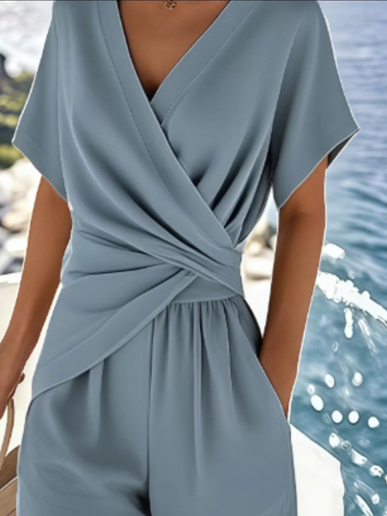 Full Size Surplice Short Sleeve Top and Pants Set Plus Size - Flip Flop Dynasty