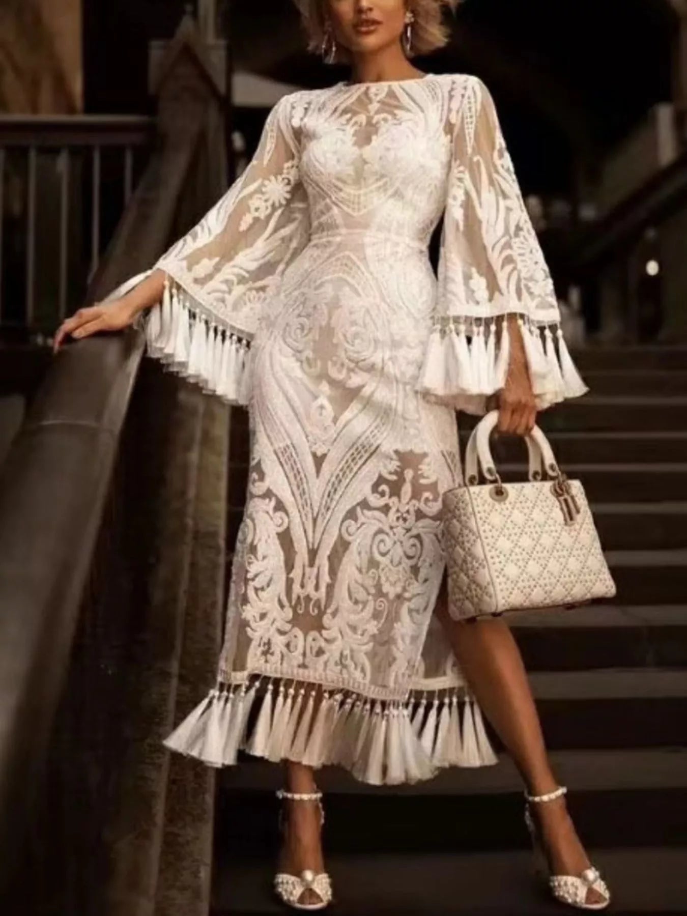 Full Size Tassel Hem Lace Flare Sleeve Dress Plus Size - Flip Flop Dynasty