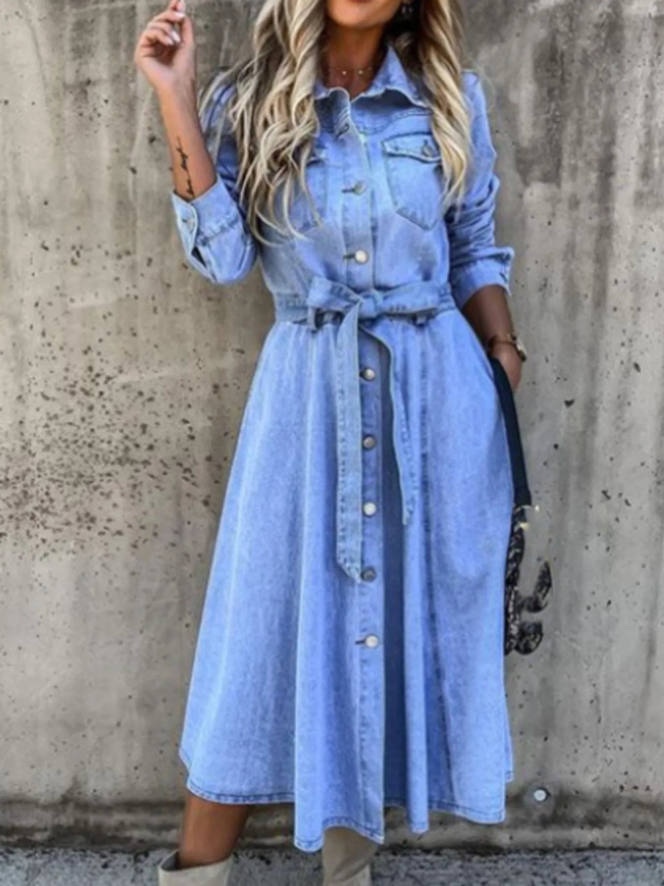 Full Size Tie Waist Button Front Denim Shirt Dress Plus Size - Flip Flop Dynasty