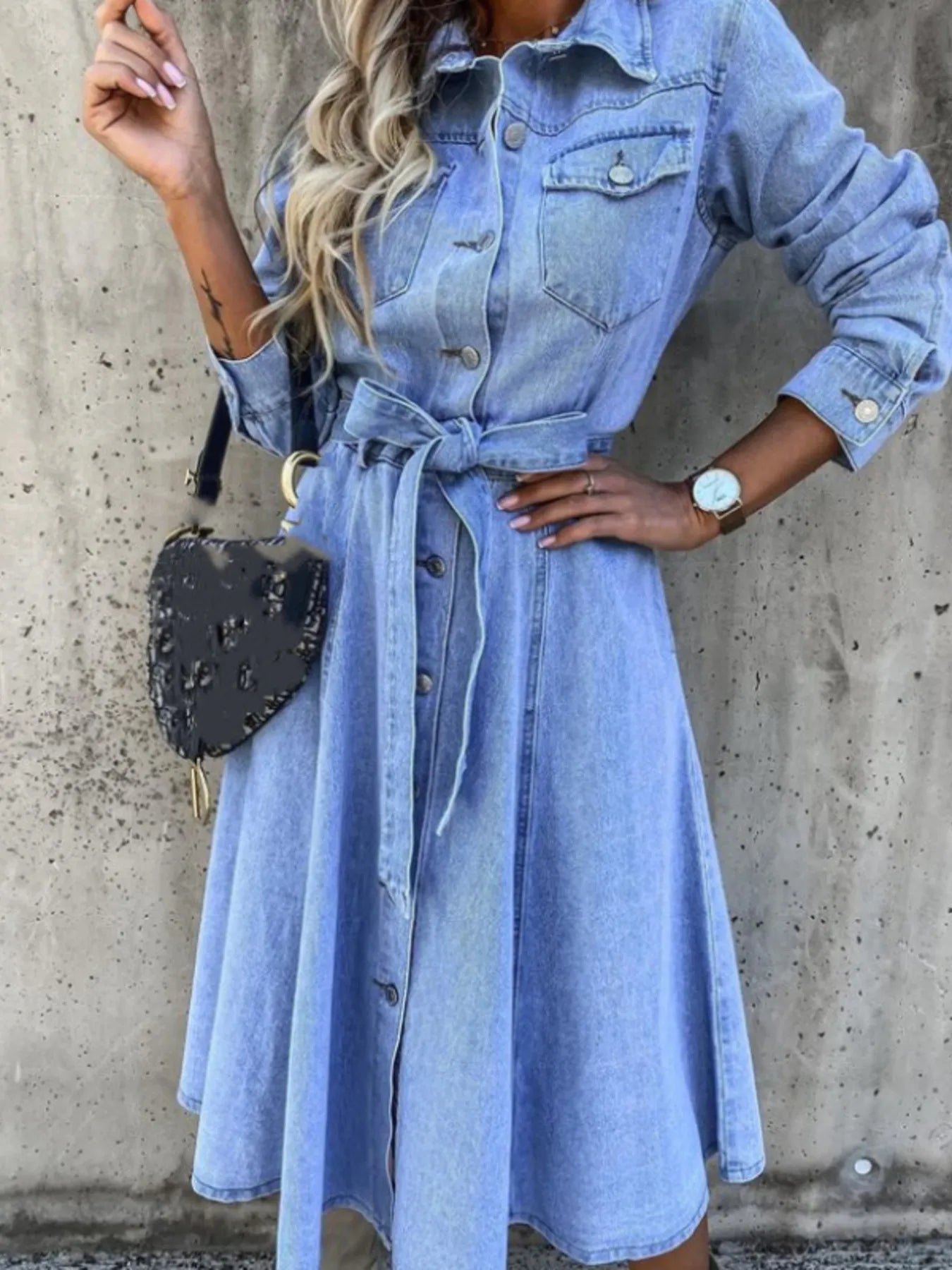 Full Size Tie Waist Button Front Denim Shirt Dress Plus Size - Flip Flop Dynasty