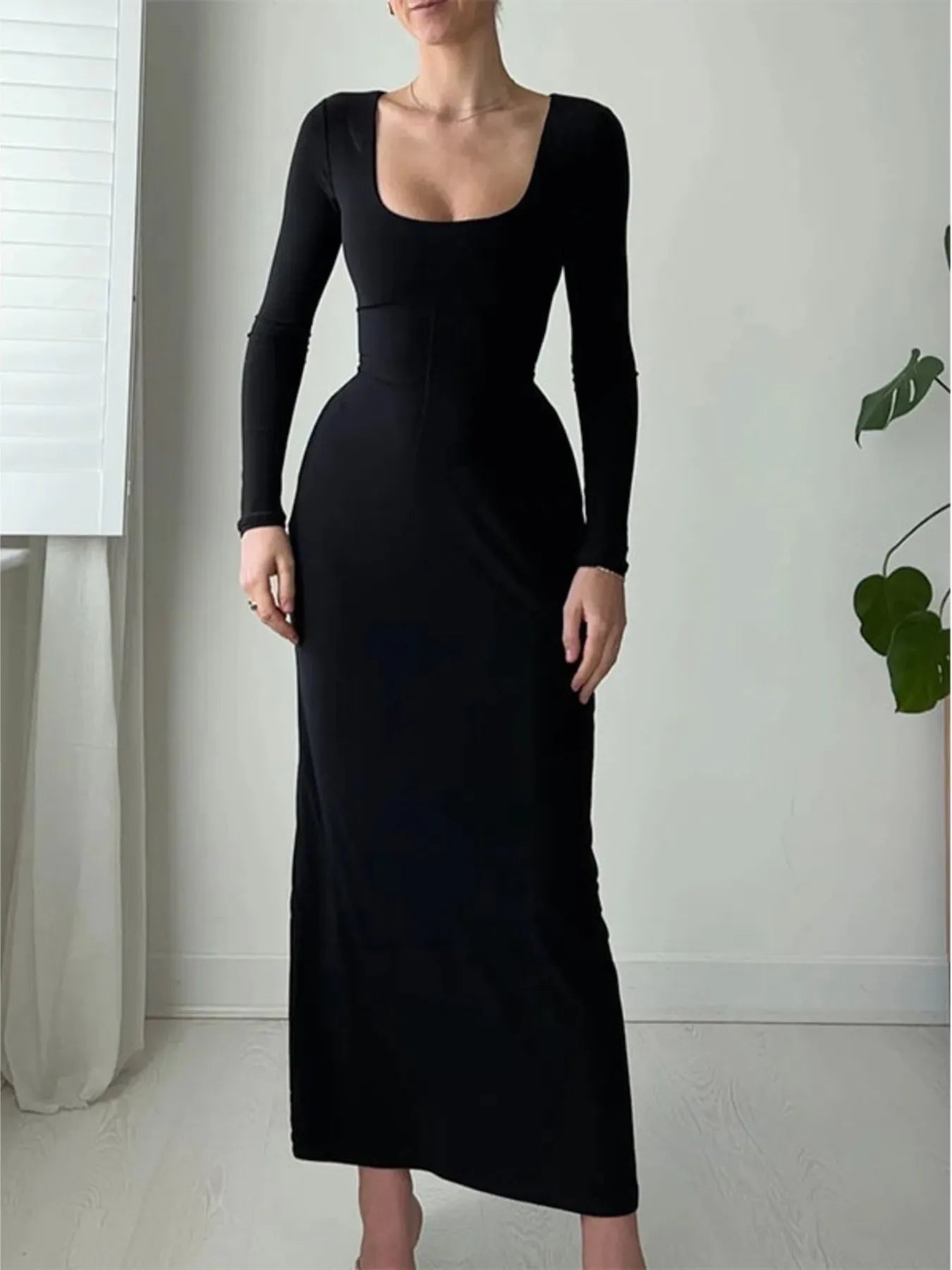 Full Size Tied Long Sleeve Bodycon Midi Dress Plus Size - Flip Flop Dynasty