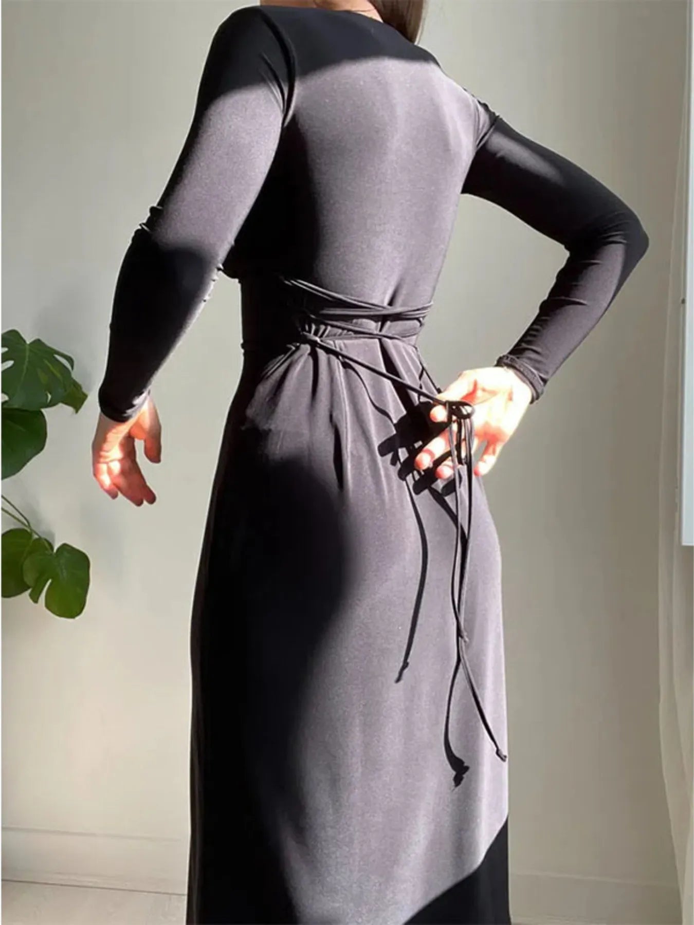 Full Size Tied Long Sleeve Bodycon Midi Dress Plus Size - Flip Flop Dynasty