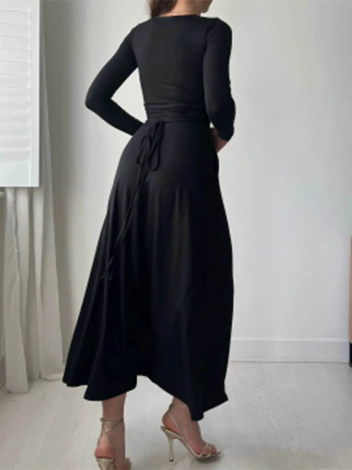 Full Size Tied Long Sleeve Bodycon Midi Dress Plus Size - Flip Flop Dynasty