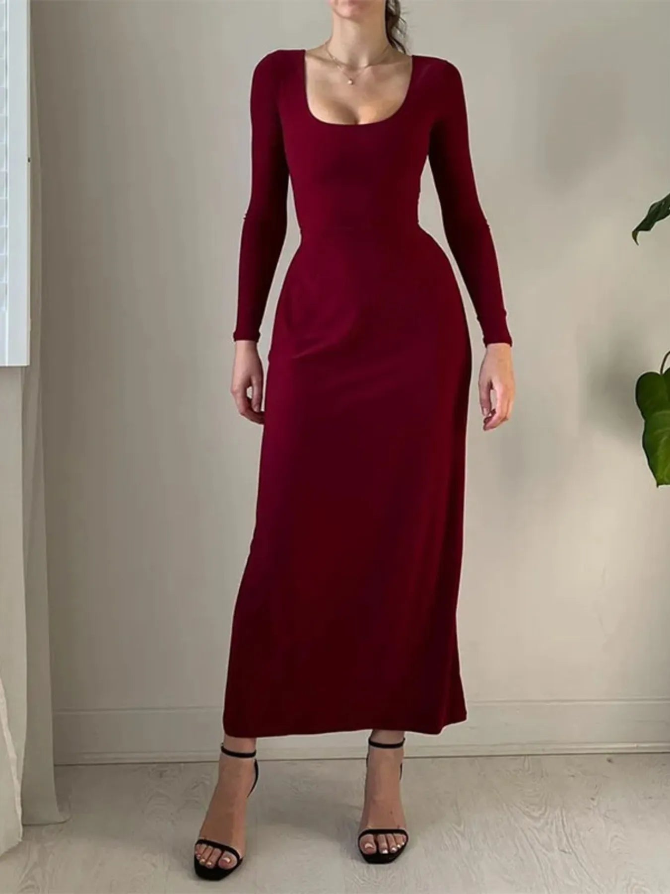 Full Size Tied Long Sleeve Bodycon Midi Dress Plus Size - Flip Flop Dynasty
