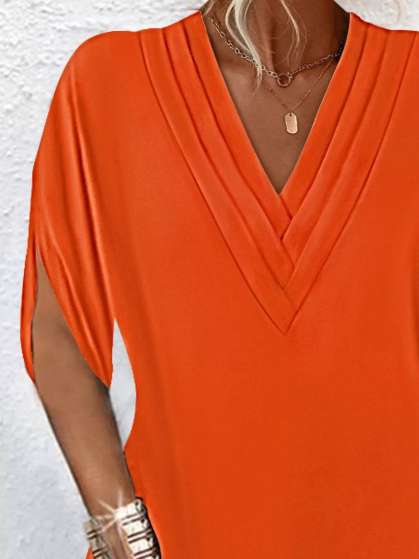 Full Size V - Neck Slit Sleeve Mini Dress Plus Size - Flip Flop Dynasty