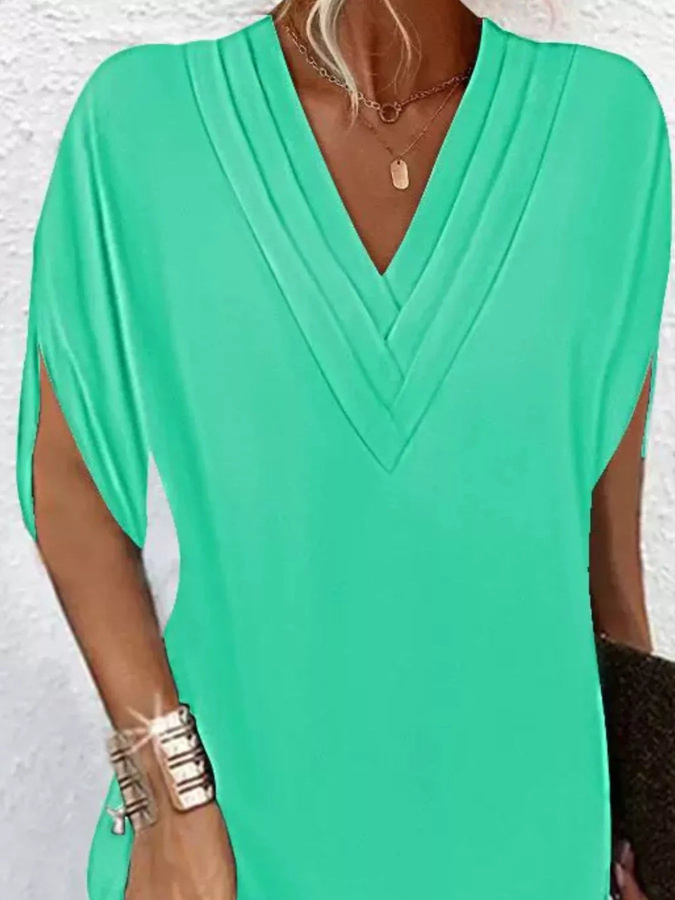 Full Size V - Neck Slit Sleeve Mini Dress Plus Size - Flip Flop Dynasty
