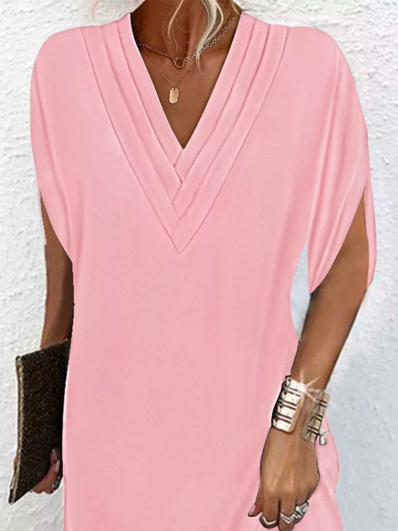 Full Size V - Neck Slit Sleeve Mini Dress Plus Size - Flip Flop Dynasty