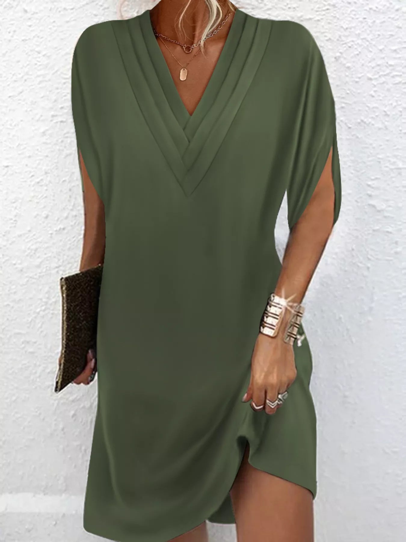 Full Size V - Neck Slit Sleeve Mini Dress Plus Size - Flip Flop Dynasty