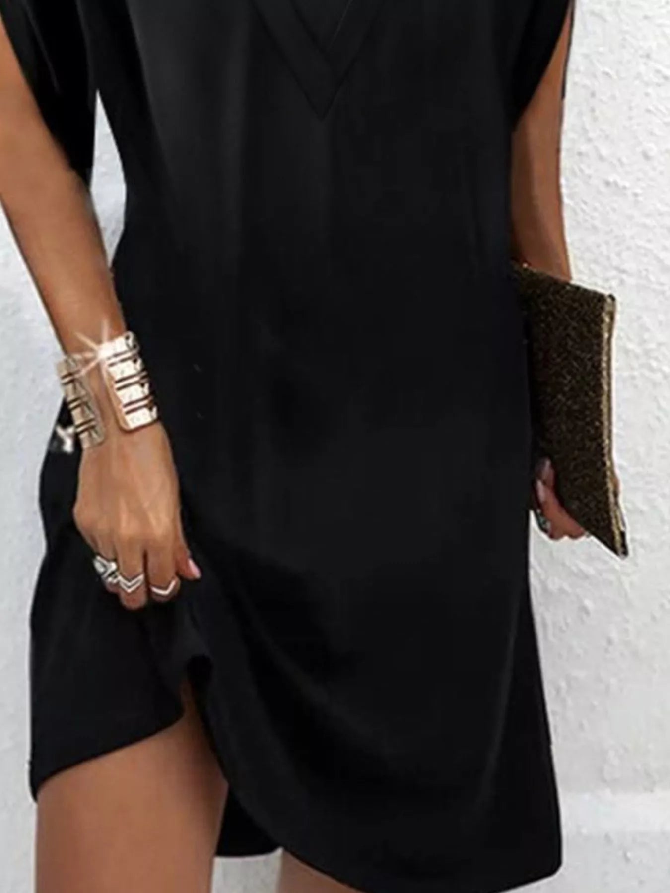 Full Size V - Neck Slit Sleeve Mini Dress Plus Size - Flip Flop Dynasty
