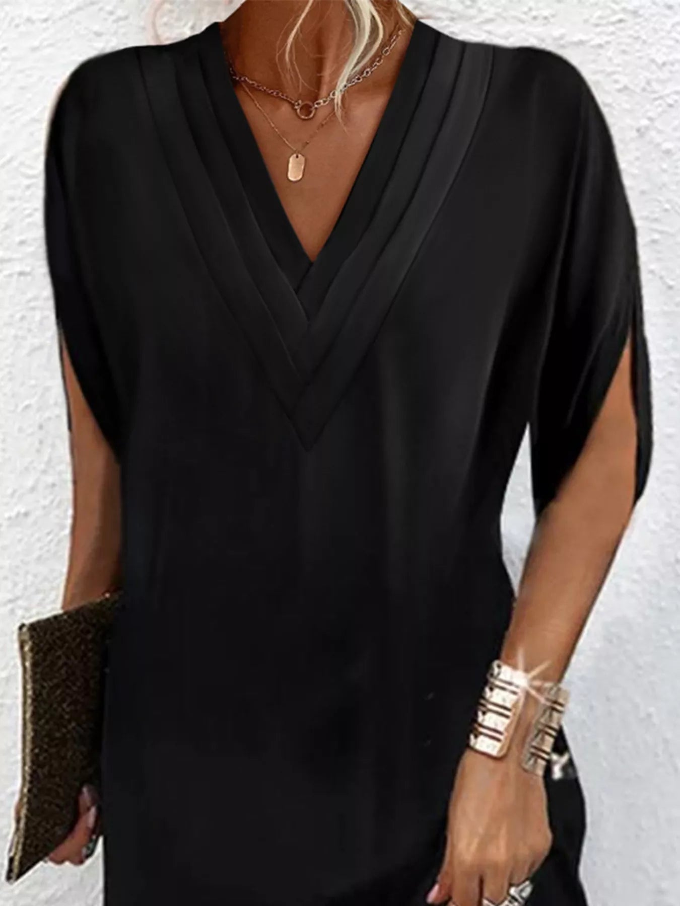 Full Size V - Neck Slit Sleeve Mini Dress Plus Size - Flip Flop Dynasty