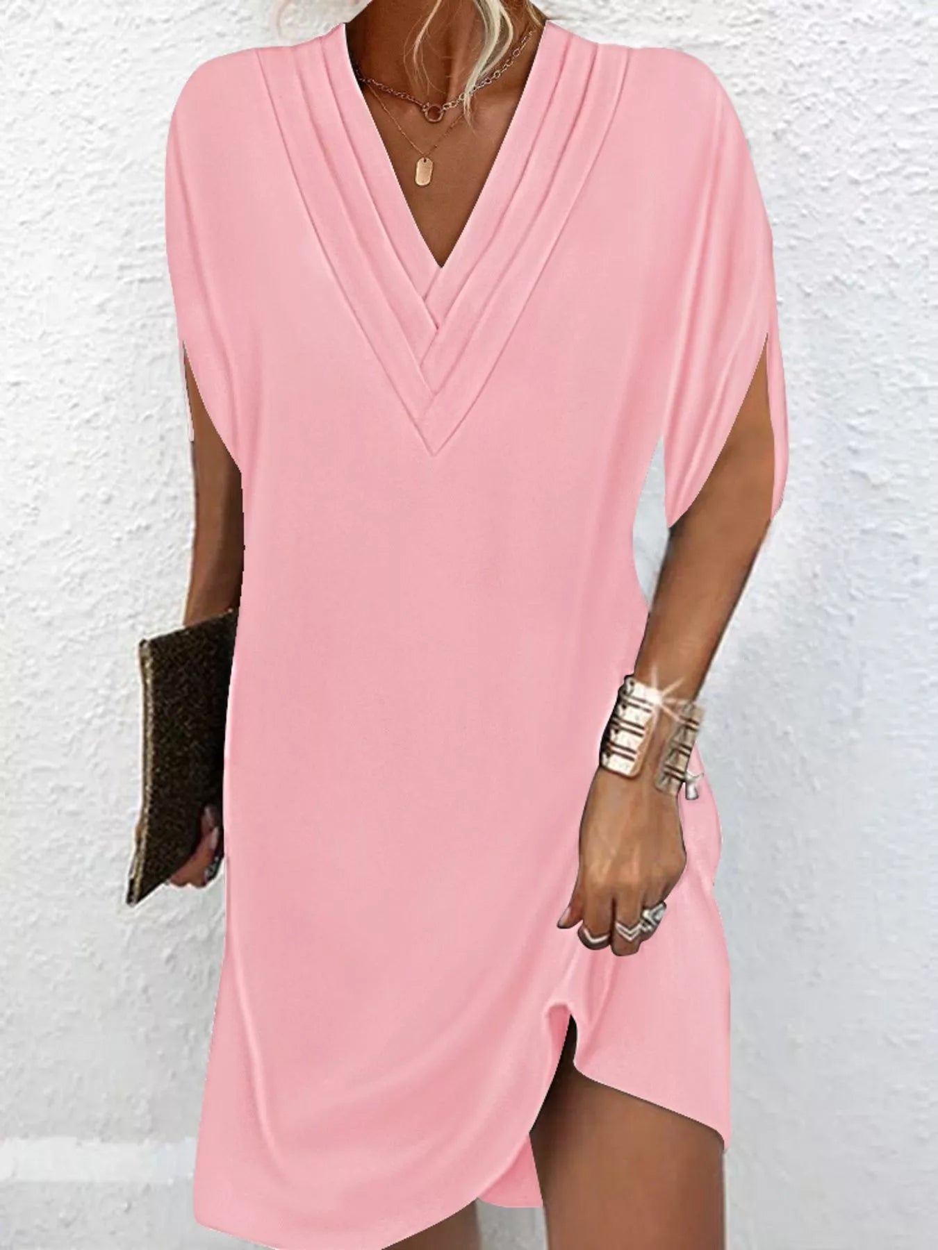 Full Size V - Neck Slit Sleeve Mini Dress Plus Size - Flip Flop Dynasty