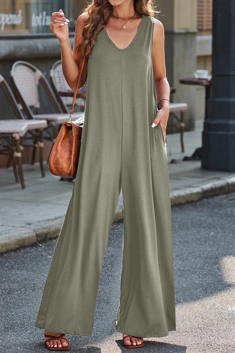 Full Size V - Neck Wide Strap Jumpsuit - Flip Flop Dynasty