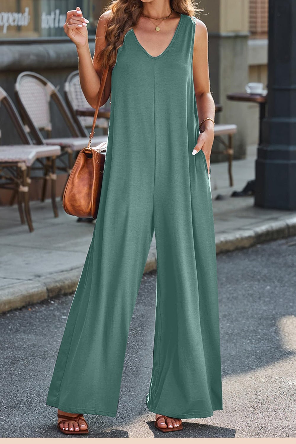 Full Size V - Neck Wide Strap Jumpsuit - Flip Flop Dynasty