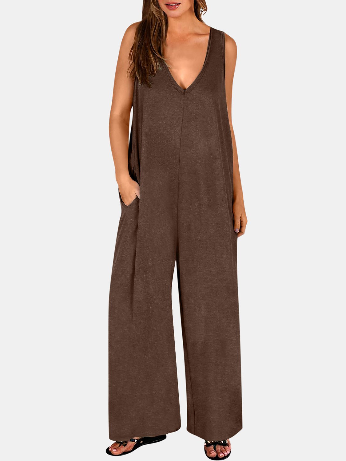 Full Size V - Neck Wide Strap Jumpsuit - Flip Flop Dynasty