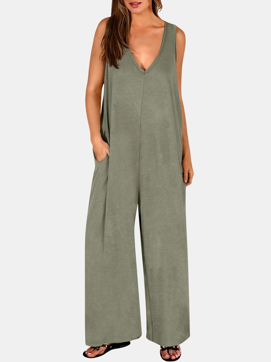 Full Size V - Neck Wide Strap Jumpsuit - Flip Flop Dynasty