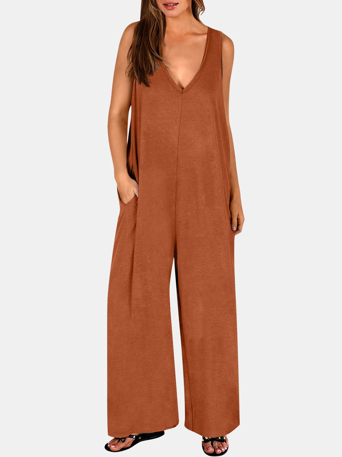 Full Size V - Neck Wide Strap Jumpsuit - Flip Flop Dynasty