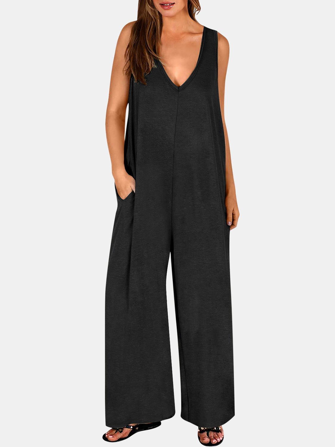 Full Size V - Neck Wide Strap Jumpsuit - Flip Flop Dynasty