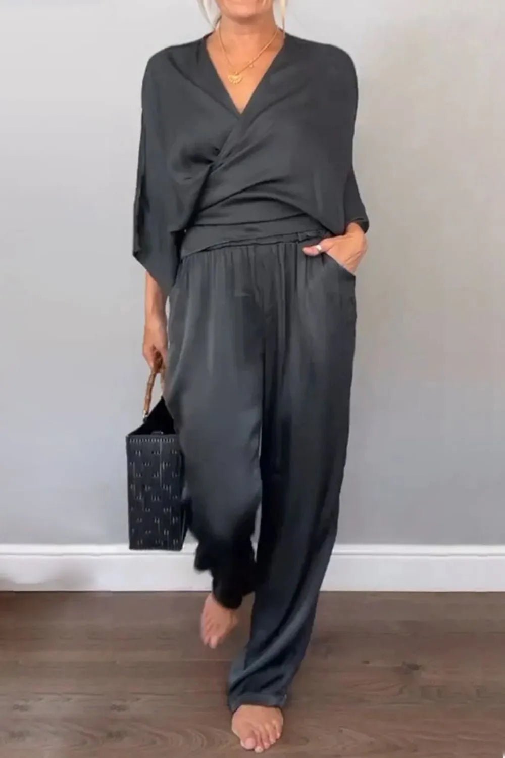 Full Size Wrap Surplice Top and Pants Set Plus Size - Flip Flop Dynasty