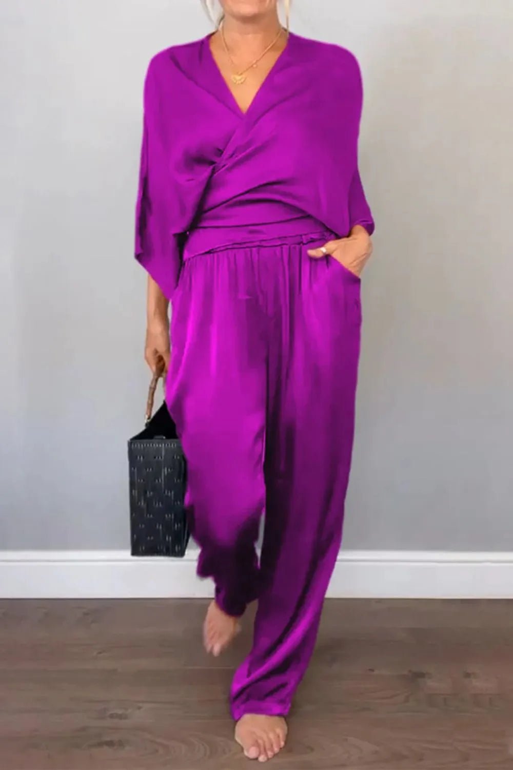 Full Size Wrap Surplice Top and Pants Set Plus Size - Flip Flop Dynasty