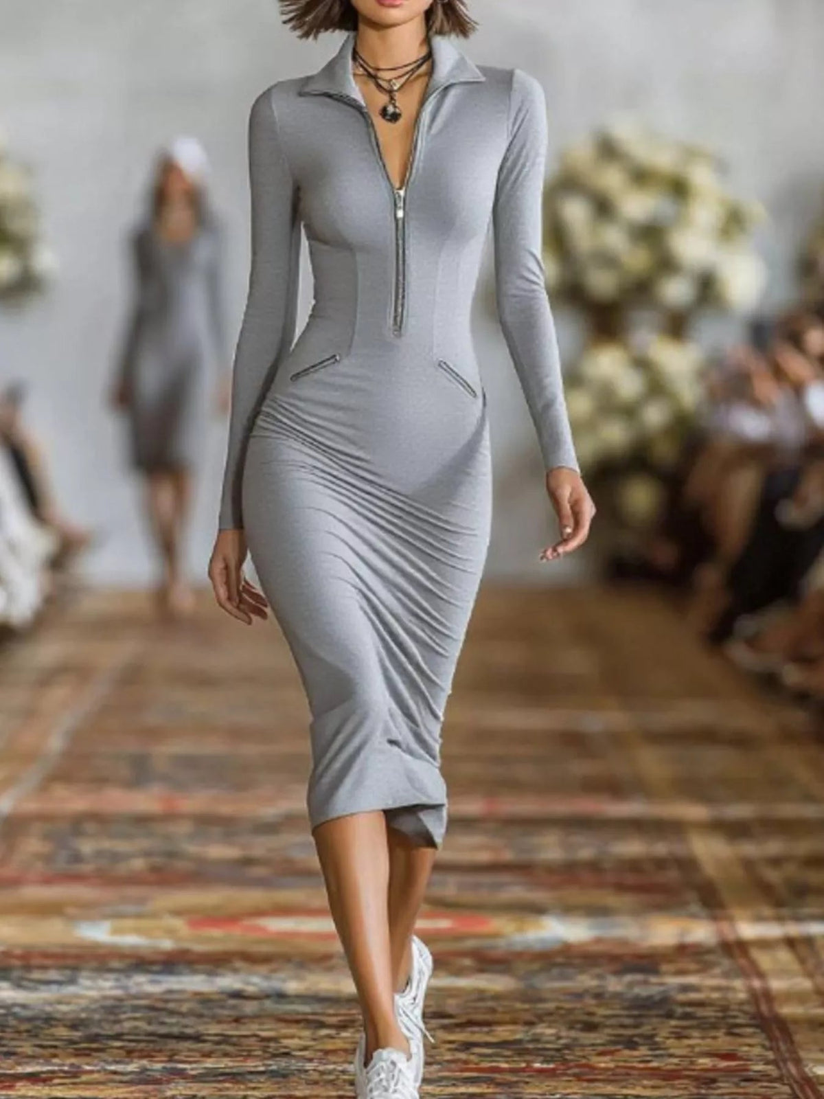 Full Size Zip-Front Bodycon Midi Dress Plus Size - Flip Flop Dynasty