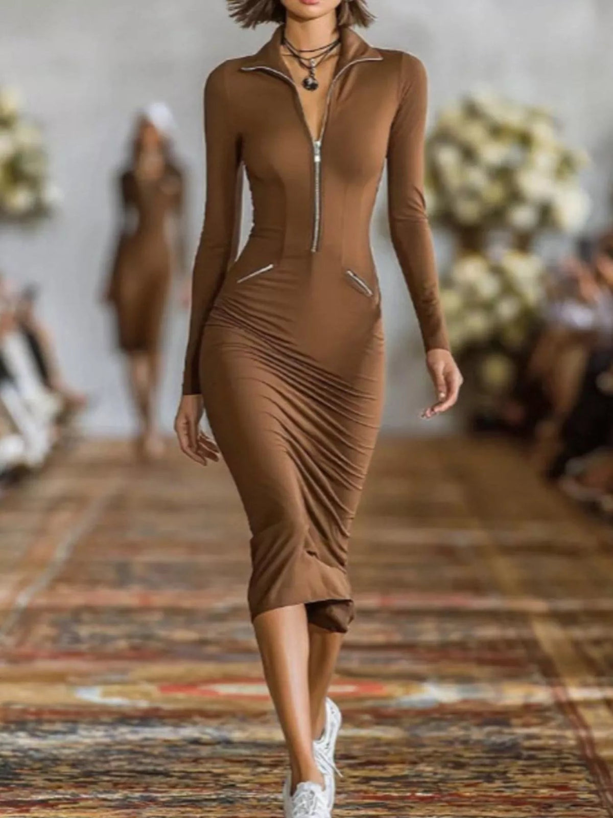 Full Size Zip-Front Bodycon Midi Dress Plus Size - Flip Flop Dynasty
