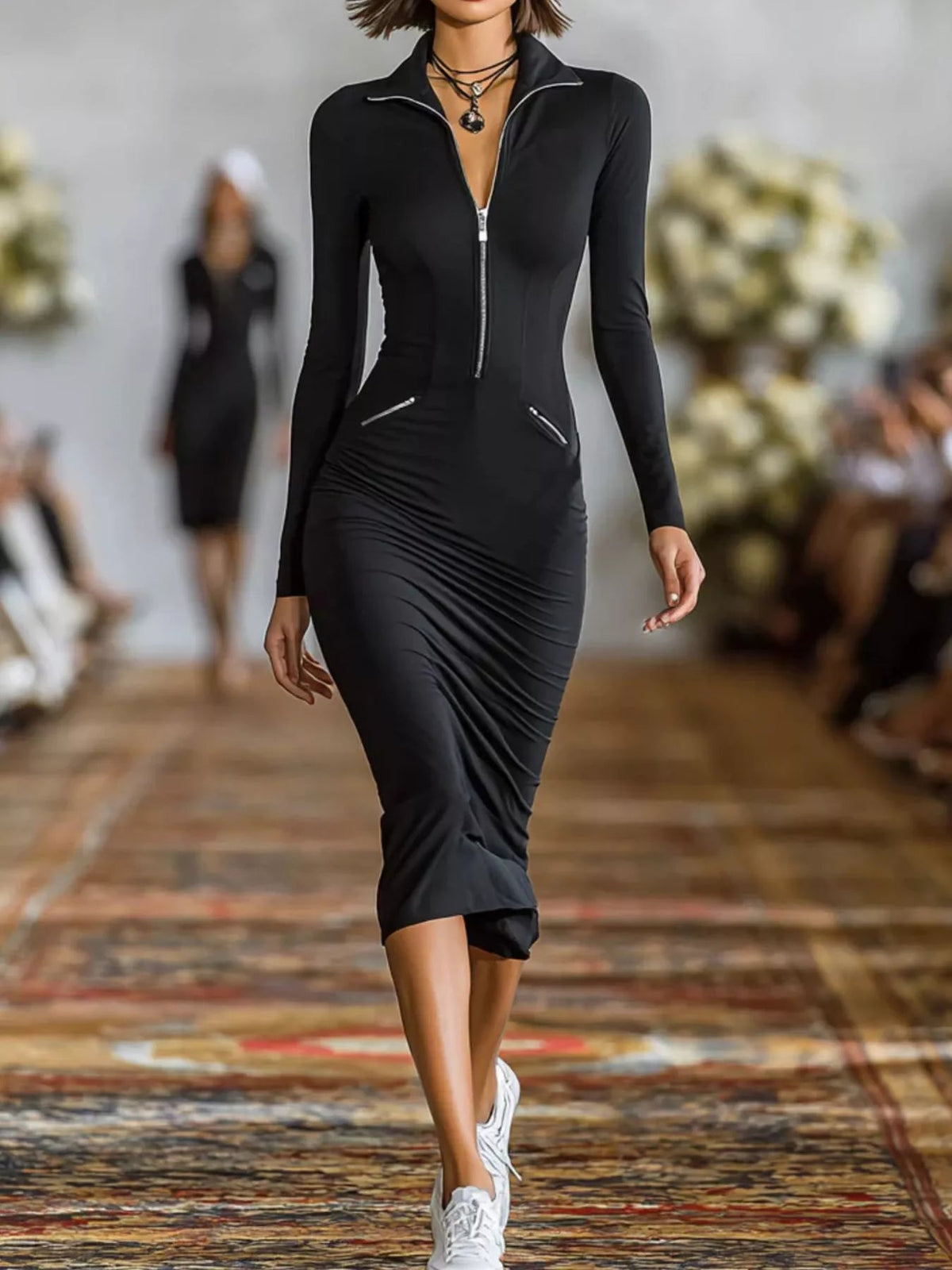Full Size Zip-Front Bodycon Midi Dress Plus Size - Flip Flop Dynasty