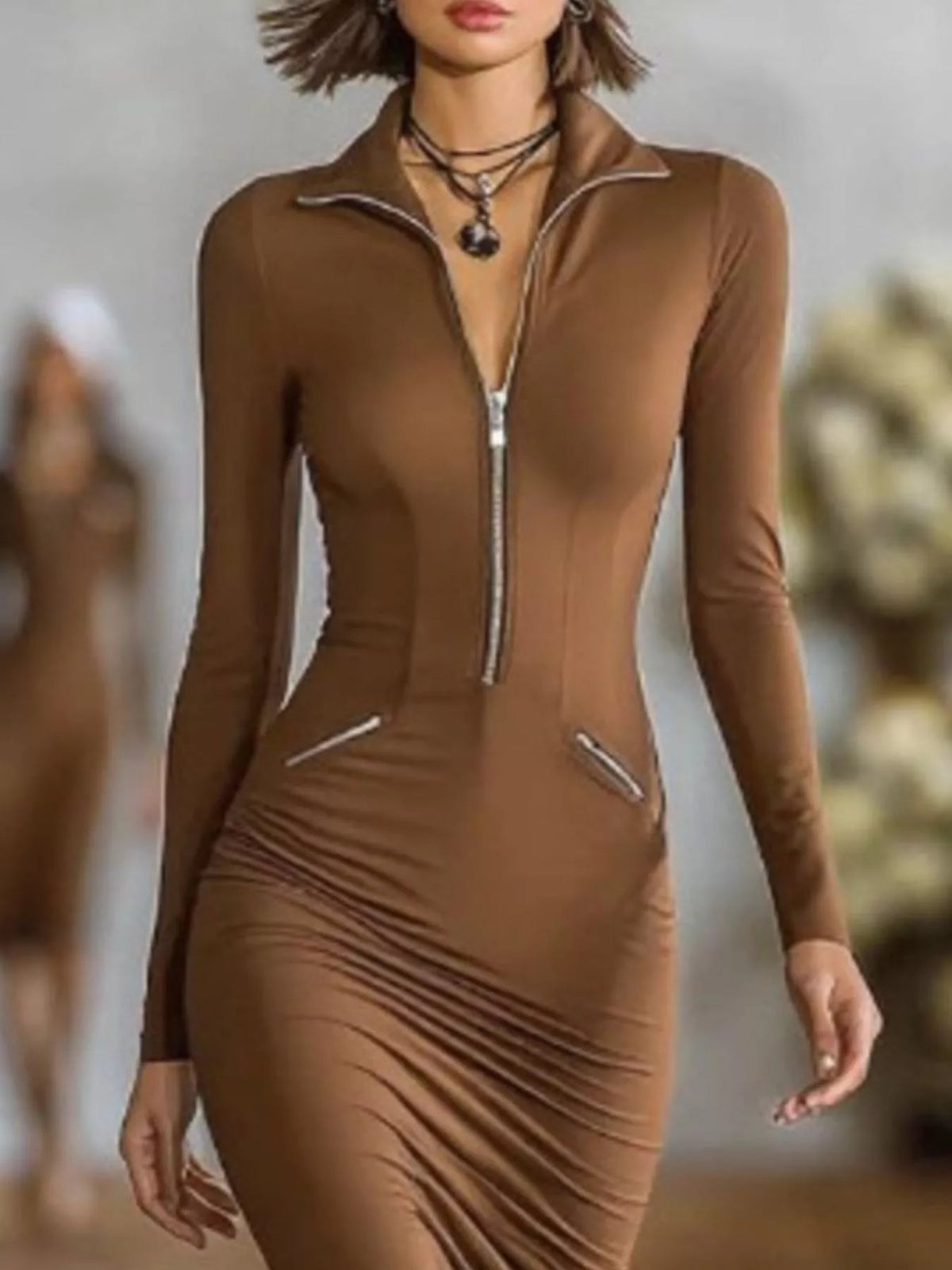 Full Size Zip-Front Bodycon Midi Dress Plus Size - Flip Flop Dynasty