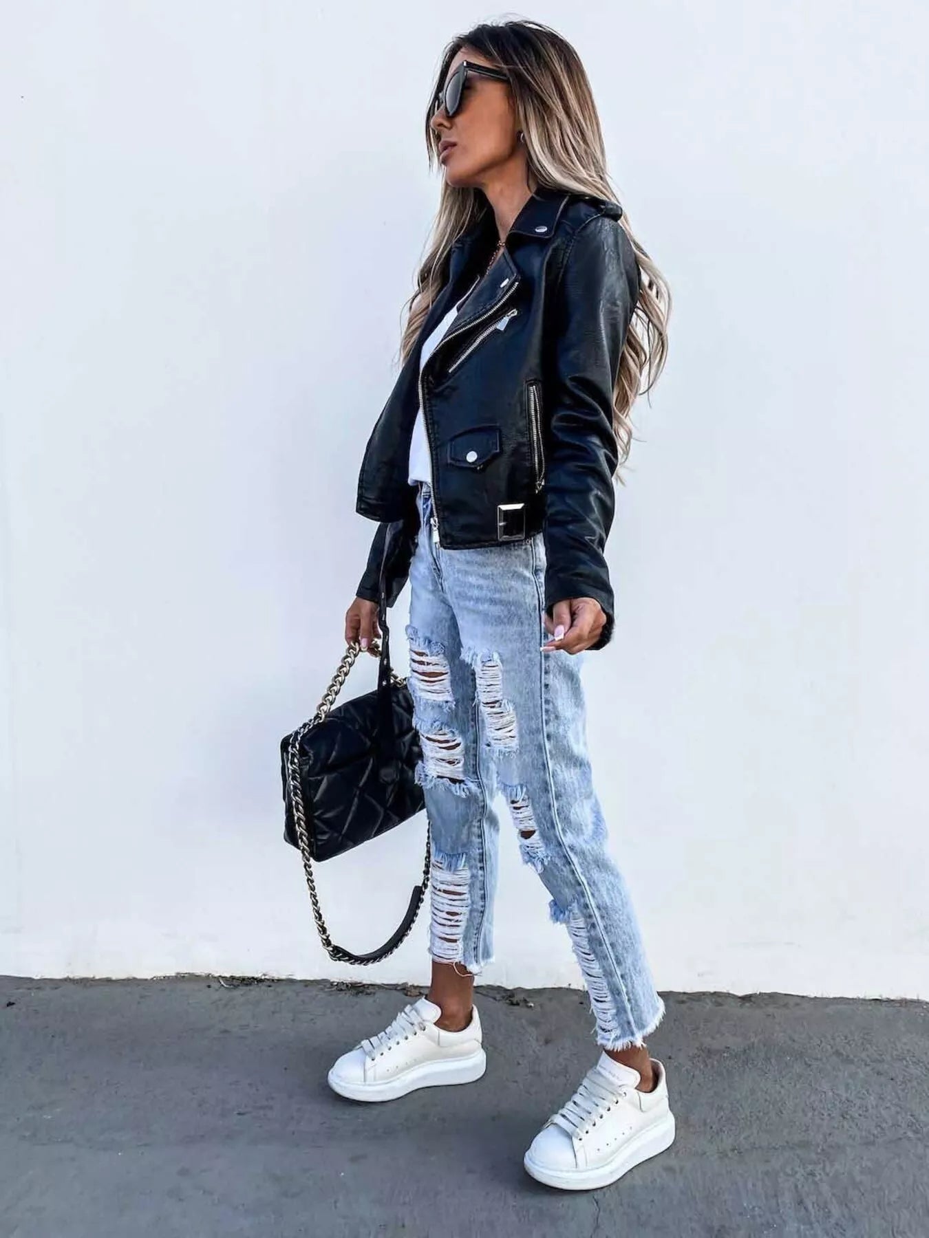 Full Size Zip Up Leather Motorcycle Biker Jacket Plus Size - Flip Flop Dynasty