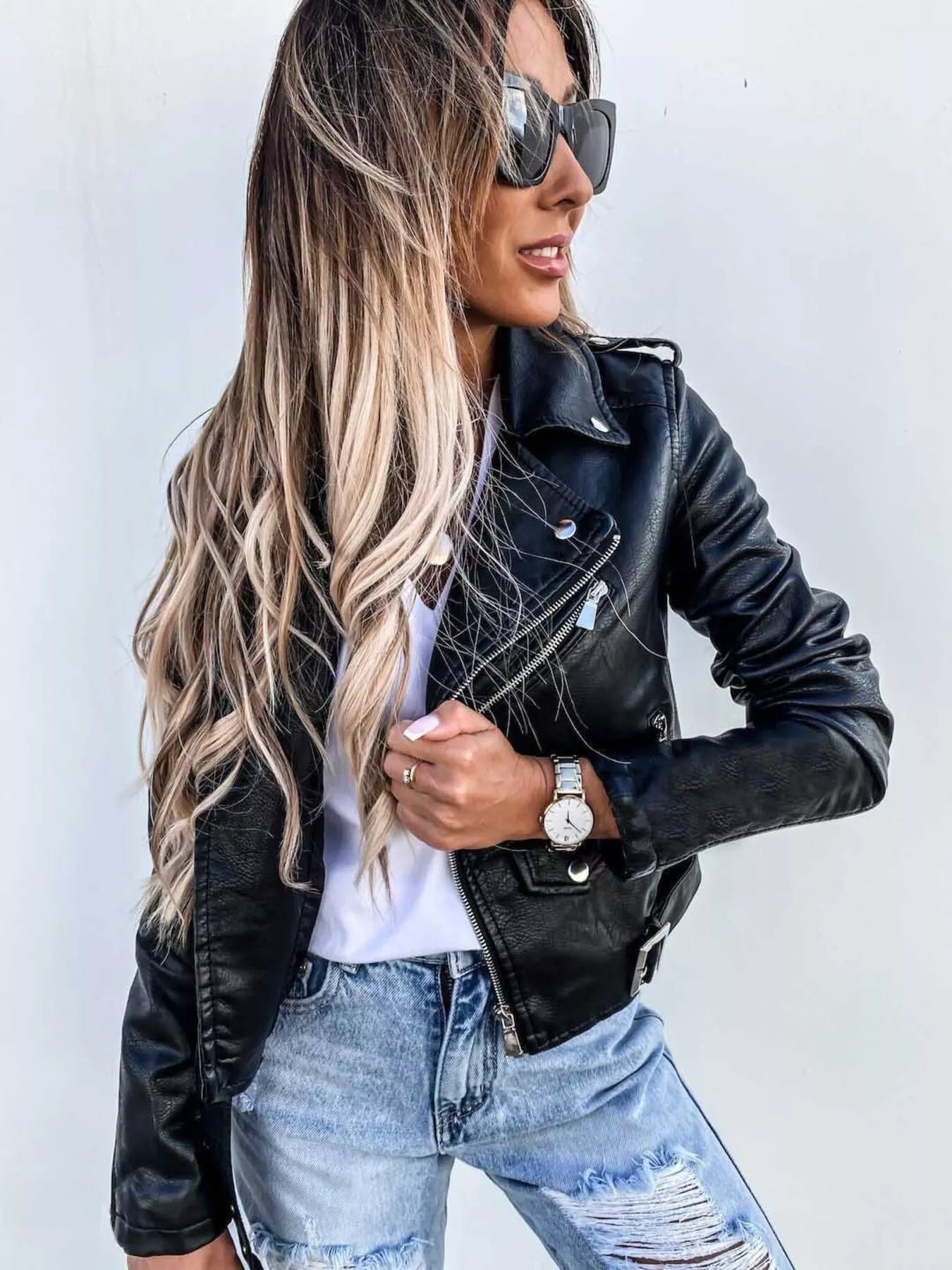 Full Size Zip Up Leather Motorcycle Biker Jacket Plus Size - Flip Flop Dynasty