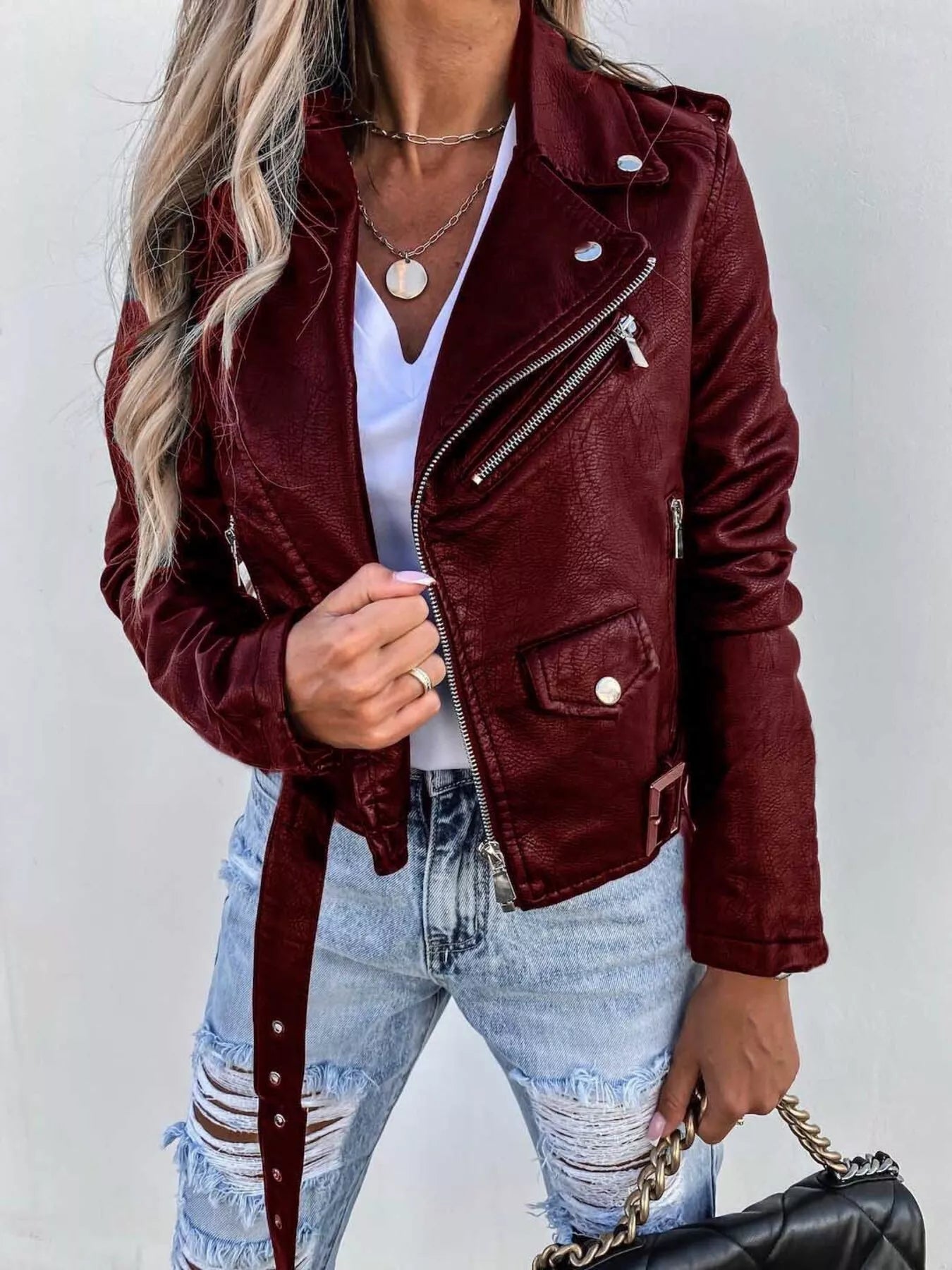 Full Size Zip Up Leather Motorcycle Biker Jacket Plus Size - Flip Flop Dynasty