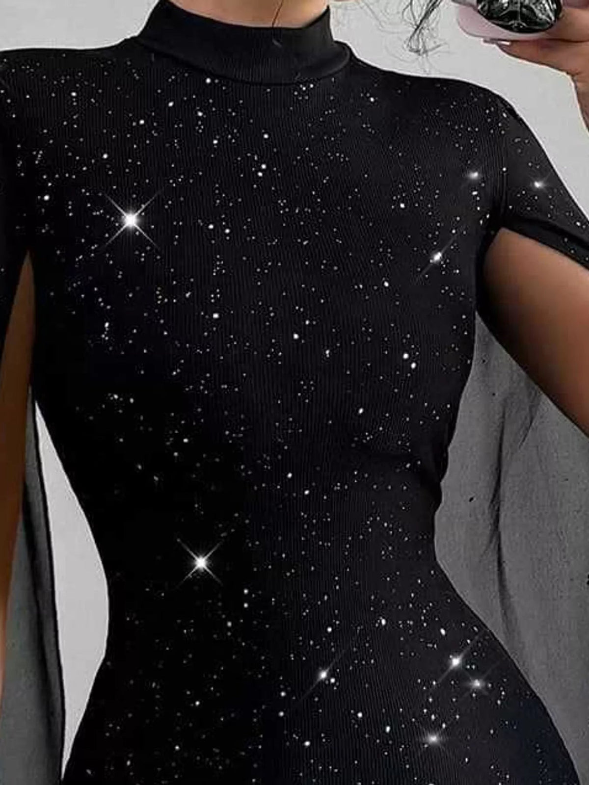 Glitter Mock Neck Cape-Sleeve Bodycon Mini Dress - Flip Flop Dynasty