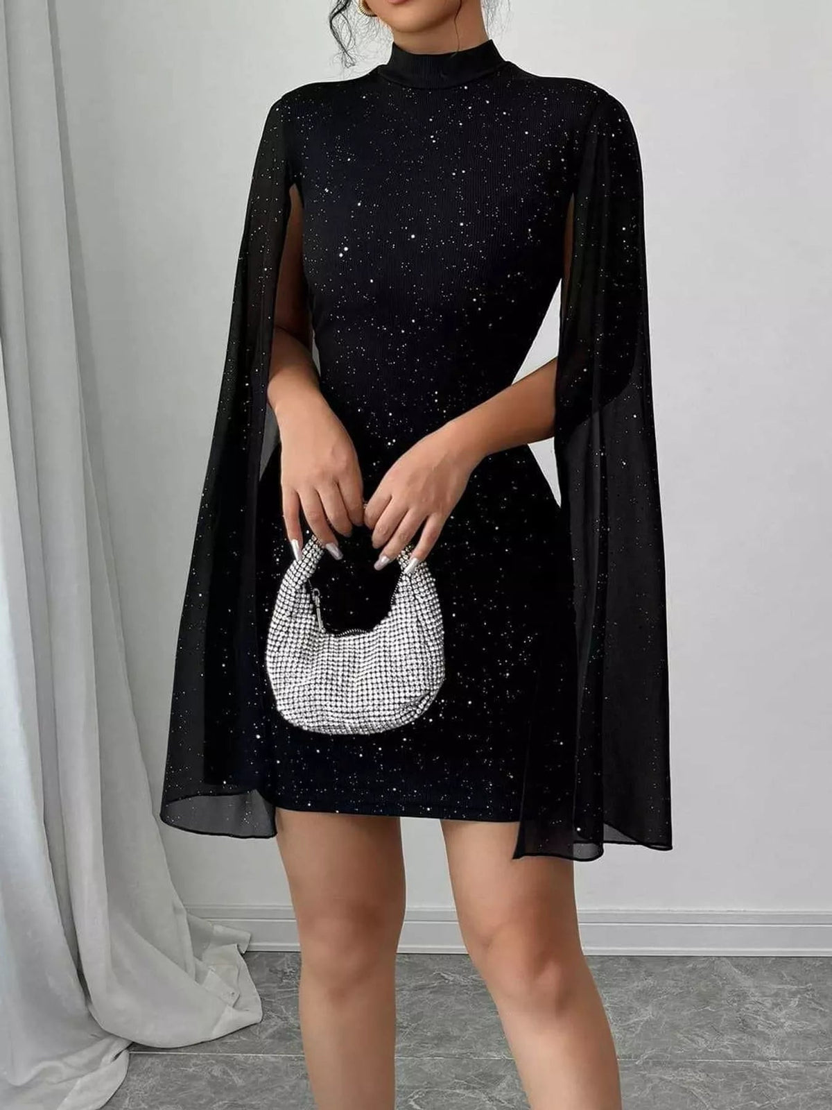 Glitter Mock Neck Cape-Sleeve Bodycon Mini Dress - Flip Flop Dynasty
