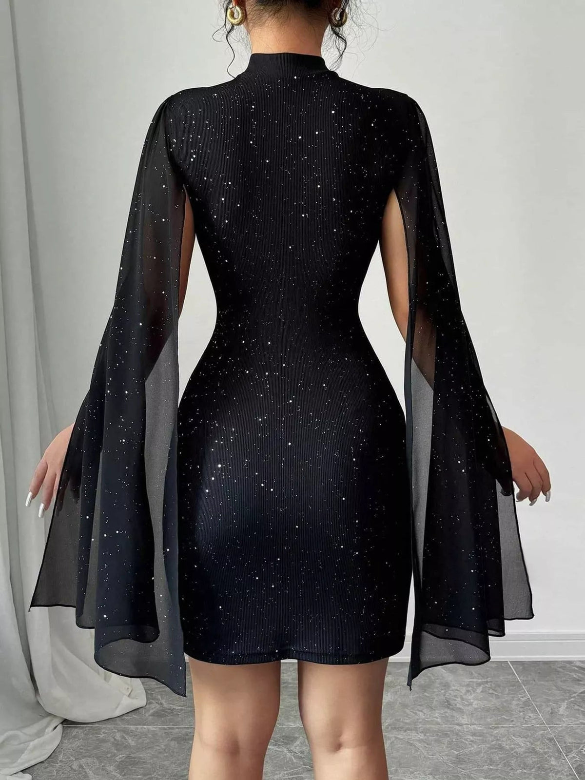 Glitter Mock Neck Cape-Sleeve Bodycon Mini Dress - Flip Flop Dynasty